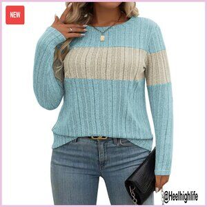 Plus Size Long Sleeve Tunic Pullover Lightweight Knit Color Block Top